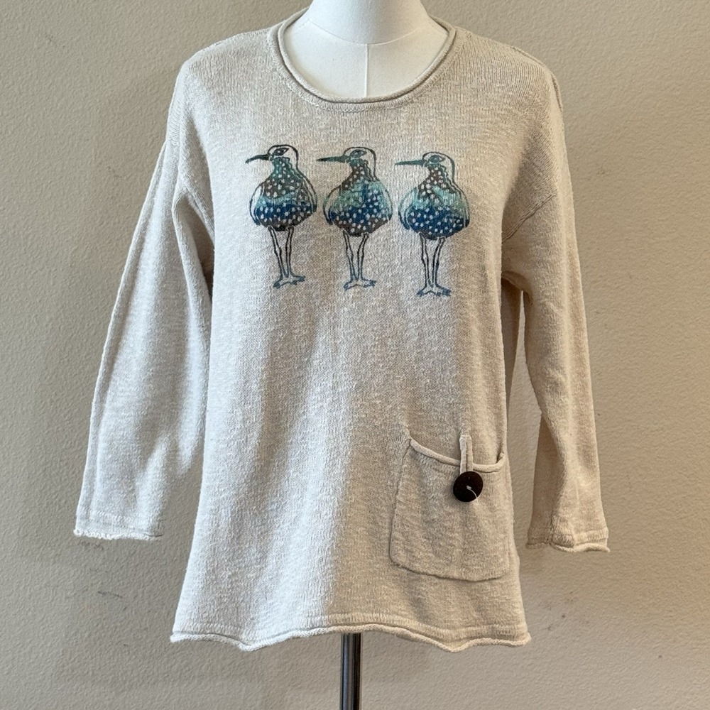 Lulu B Artist Signed Bird Sweater S M Cotton Tunic Pocket Coastal Wearable Art